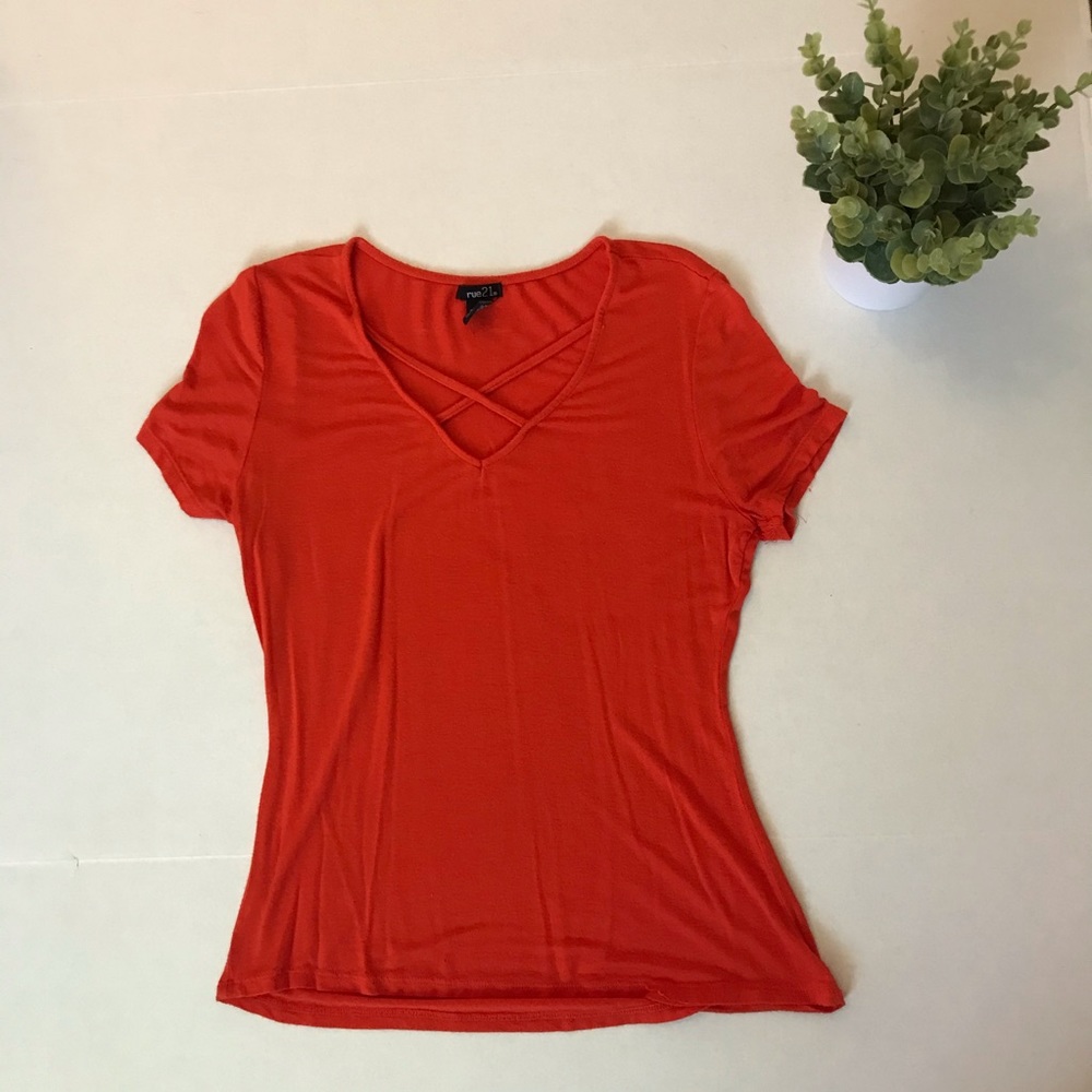 Bright Orange Criss-Cross V-Neck Tee 😍